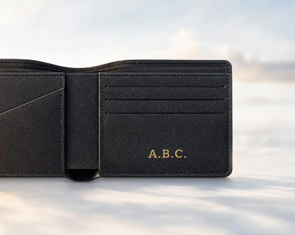 Leather Bifold Wallet · Initials in gold foil