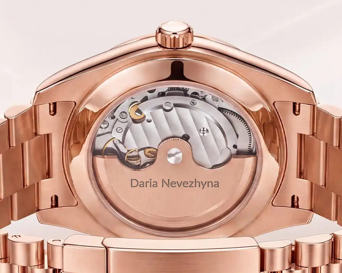 Rose Gold Automatic Watch · Engraved case back